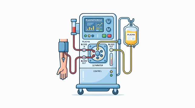 Flat design illustration of a plasmapheresis medical device hooked to a human arm, separating blood into plasma and returning filtered blood, with a control panel and plasma collection bag.