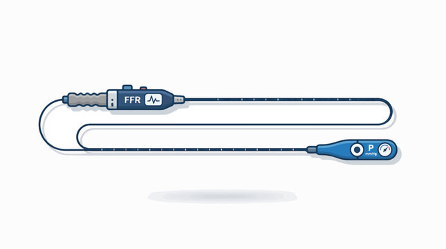 A medical device, likely for cardiovascular diagnostics, featuring a handle with a display, a long cable, and a sensor tip.