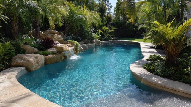 Exotic backyard pool surrounded by palm trees, rocks and waterfall, creating serene tropical resort atmosphere.