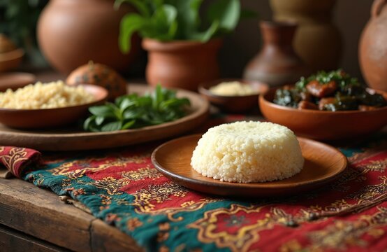 African ugali dish with stew served on rustic table with patterned cloth. Traditional meal prepared with grains and vegetables. Cozy family dinner scene.