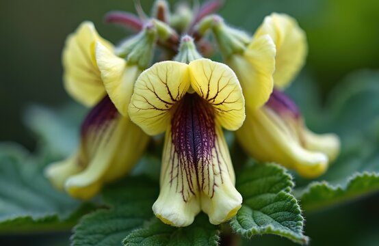 Macro photo of black henbane flower with yellow petals and dark purple center veins. Plant grows outdoors with green textured leaves. Nature closeup.