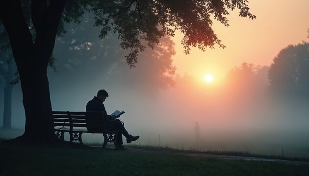 Man sits on park bench reading book in thick fog at sunrise. Solitary figure enjoys morning mist light. Trees and grass create calm nature scene. Peaceful start to day.