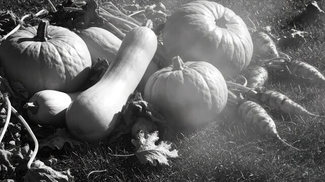 Black and white still life with an assortment of pumpkins and root vegetables in autumn on the ground