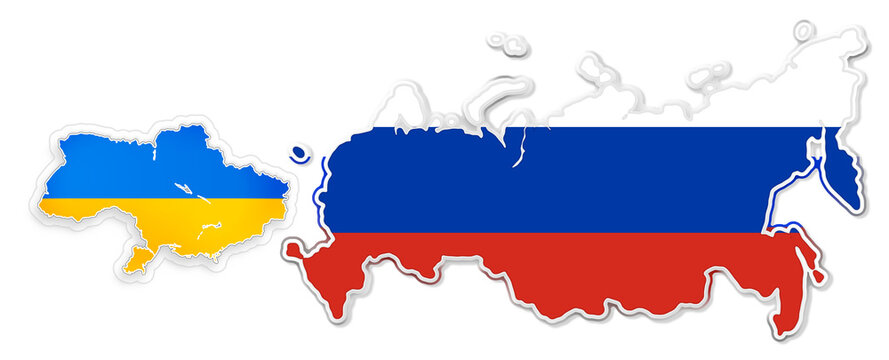 map of Ukraine and Russia, simplified symbolic shape with russian and ukrainian flag colors