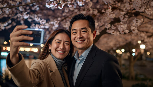 夜桜の並木道でスマートフォンを手に寄り添って笑う大人のカップル