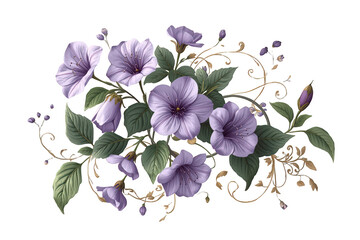 Naklejka premium Purple flowers blooming on a botanical vine with green leaves, creating a delicate floral garland illustration, transparent background