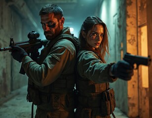 Naklejka premium Man and woman soldiers aim rifles in dark alley. Focused fighters wear tactical gear, ready for combat. They stand back to back in urban warfare setting.