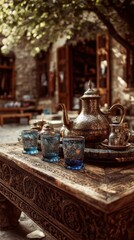 Fototapeta premium Decorative metal teapot and small tea glasses on carved wooden table, rich cultural and vintage atmosphere.