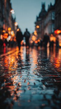 Blurred silhouettes walking on wet cobblestone street at night, warm city lights reflecting in rain for moody urban atmosphere.