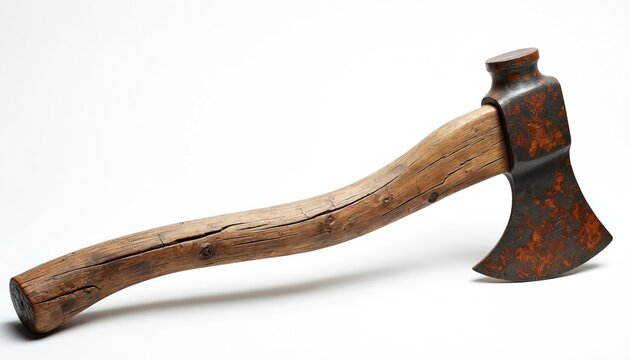 Antique rustic axe features weathered wooden handle and rusted metal blade. This old tool looks worn and aged, with visible cracks in the timber. Perfect for historical, vintage, or survival themes.