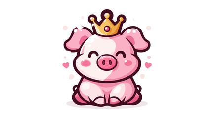 Fototapeta premium Cute illustration of a seated pink piglet wearing a golden crown, surrounded by hearts