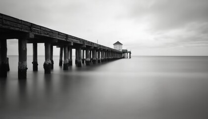 Obraz premium Black and white pier on calm sea water, long exposure effect under cloudy sky. Minimalist coastal landscape with smooth ocean surface and pier pilings reaching into the water.