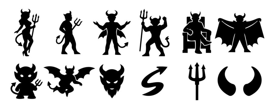 Devil Silhouette Scene Set &ndash; Halloween Demon Characters, BBQ, Business, Music and Gambling Icons Collection
