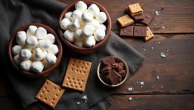 Marshmallows graham crackers and chocolate pieces are set up on a dark wood table. This is for making s mores. Ingredients are ready for baking.