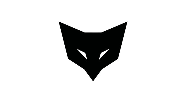 A symmetrical black shape resembling an animal face with sharp angles and triangular eyes on a white background