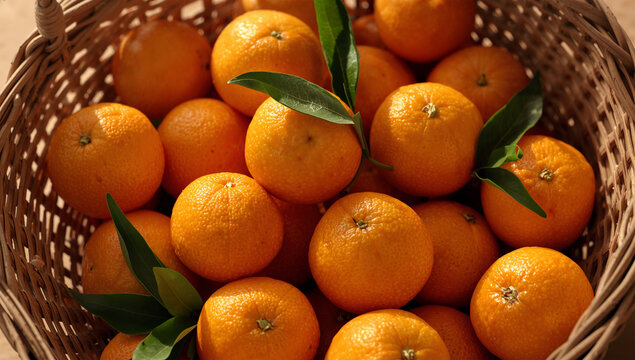 籐かごに盛られた葉付きのみかんが並ぶ冬のテーブルフォト