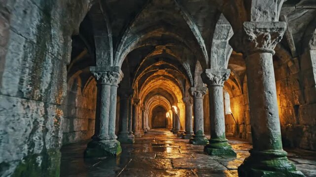 Ancient arched stone hallway illuminated by torchlight creating a dramatic atmosphere in a historic structure