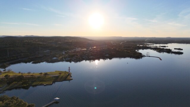 Aerial scenes of Lake Buchanan in the Central Texas Hill Country during sunset