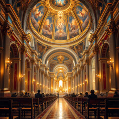 Obraz premium Grand cathedral interior with ornate dome paintings golden accents chandeliers and illuminated altar creating majestic spiritual atmosphere