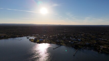 Fototapeta premium Aerial scenes of Lake Buchanan in the Central Texas Hill Country during sunset