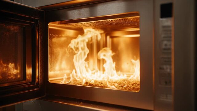 Intense flames erupt from inside an open microwave oven, creating a dangerous kitchen fire scene.
