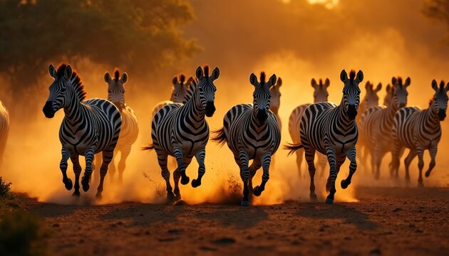 Herd of zebras run across dusty savanna landscape. Animals move fast kicking up golden dust during sunset. Wildlife group shows power and freedom.