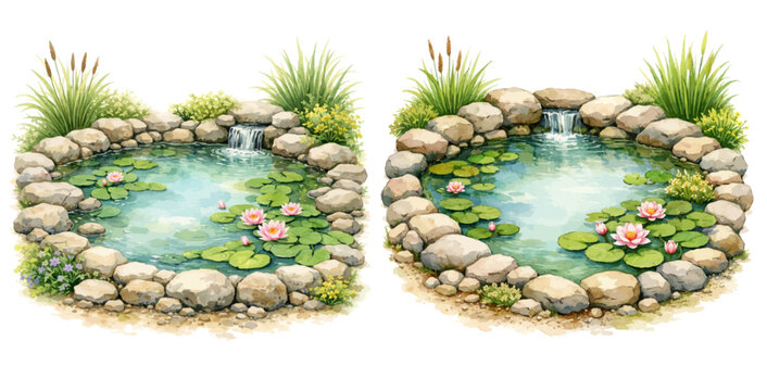 A watercolor vector set of garden ponds with water lilies for landscape design, nature scenes and decorative elements