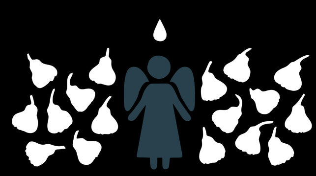 A stylized angelic figure with outspread wings, a teardrop, and white fruit shapes on black background