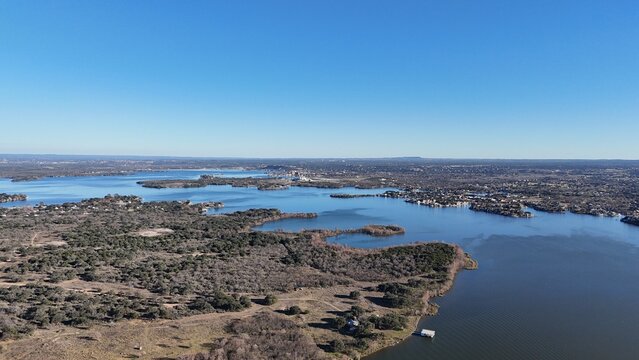 Aerial scenes of north Lake LBJ in the central Texas Hill Country