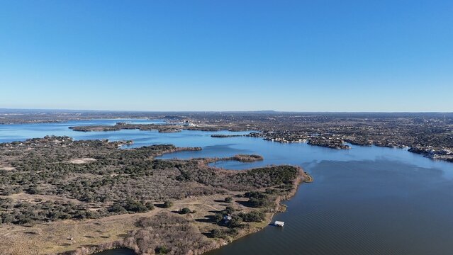Aerial scenes of north Lake LBJ in the central Texas Hill Country