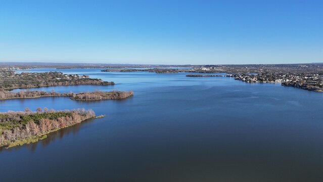 Aerial scenes of north Lake LBJ in the central Texas Hill Country