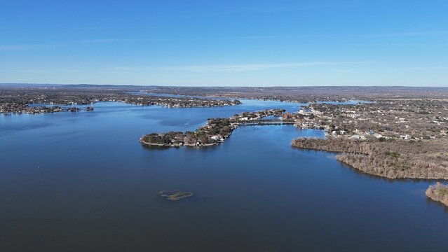 Aerial scenes of north Lake LBJ in the central Texas Hill Country