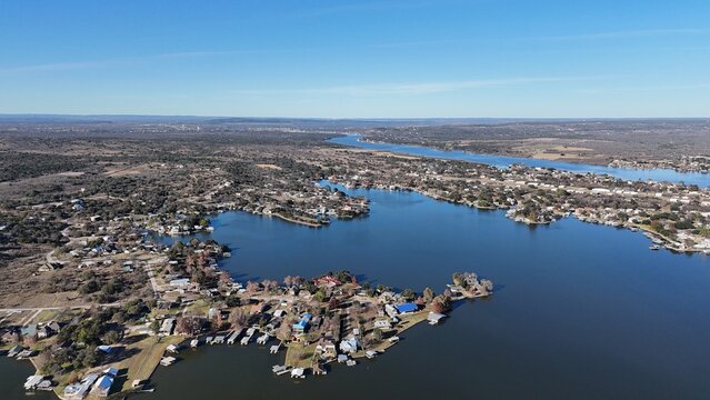 Aerial scenes of north Lake LBJ in the central Texas Hill Country