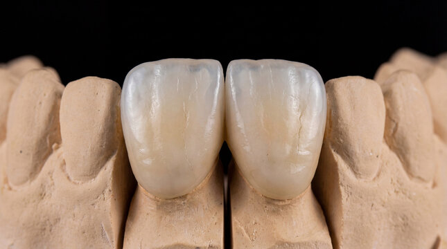 Macro view of two ceramic front teeth crowns on dental plaster model against black background, detailed closeup of professional prosthetic dentistry work, precision dental restoration concept.