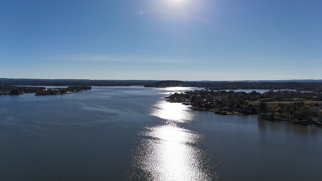 Aerial scenes of Lake Buchanan in the Central Texas Hill Country during sunset
