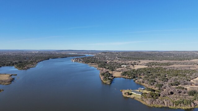 Aerial scenes of north Lake LBJ in the central Texas Hill Country