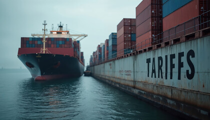 Fototapeta premium Large cargo ships loaded with containers sit side by side in a foggy harbor. One ship has the word TARIFFS painted on its side, symbolizing global trade economics and import export challenges.