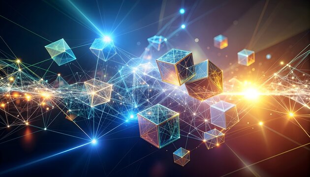 Floating geometric cubes and pyramids connected by luminous light threads and glowing digital data network particles.