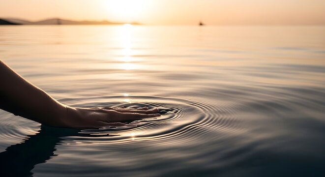 Gente feliz en la naturaleza.
 Una mujer sintiendo y tocando el agua del oc&eacute;ano durante la puesta de sol.