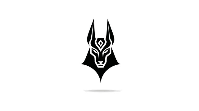 A stylized black illustration of a canine head, with sharp ears and geometric features