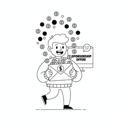 Obraz premium Man holding sponsorship offer envelope with money raining down.