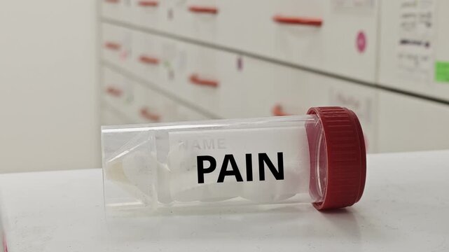 PAIN plastic box of tablets on hospital pharmacy shelf; clinical setting with labeled packaging, front-facing composition emphasizing symptom relief and treatment