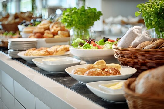 Gourmet breakfast buffet spread, featuring pastries, bread, salads, and butter