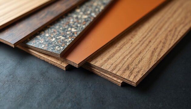 Assortment of chipboard laminate material samples for furniture and interior design. Includes wood grain, terrazzo, and solid color panels. Variety of textures and finishes for home decor projects.
