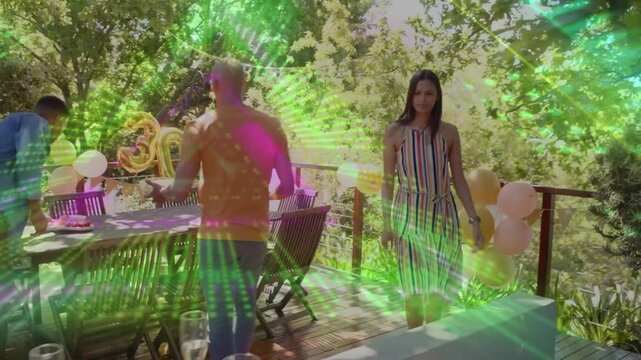 Vertical video: 4 preparing deck table for 30th party  and  gold 30 after man bringing items overlay