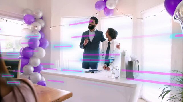 Man holding mic introducing boy at ceremony, placing arm, scanlines overlaying magenta cyan