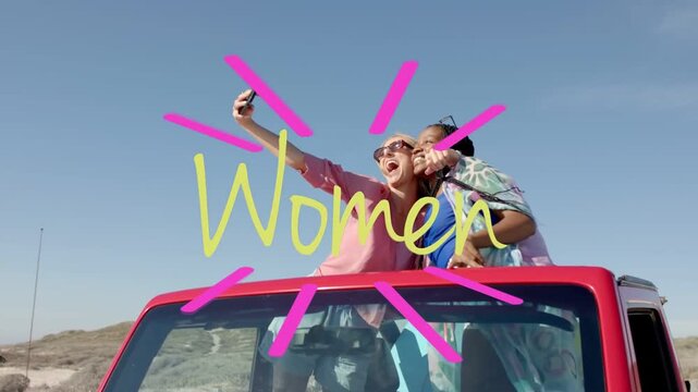 Vertical video: Women rising roof phone lifting posing checking trip pic Women pink rays overlaying