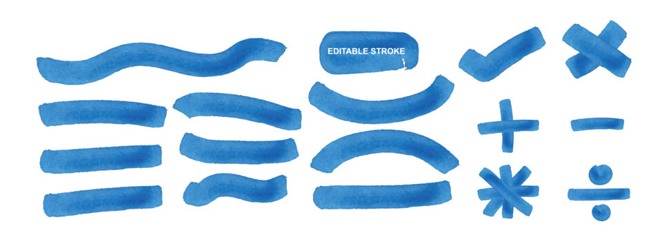 Large set of blue watercolor hand drawn elements including various brush strokes, mathematical symbols, check mark, and multiplication x, isolated on a transparent background