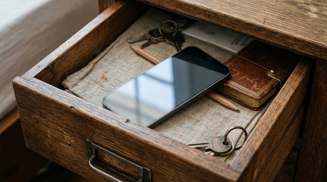 Smartphone and keys in an open wooden drawer, bedside table storage
