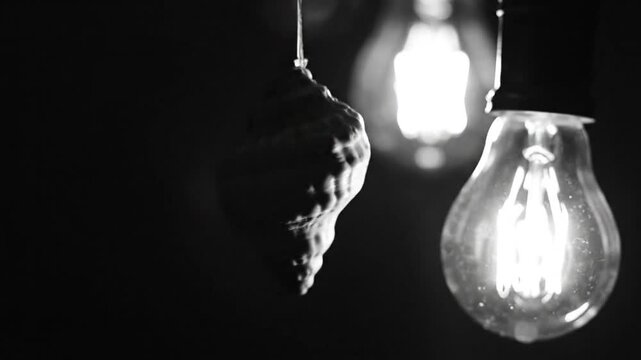 Black and white close-up of a conch shell hanging next to a glowing incandescent lightbulb in a dark smoky environment